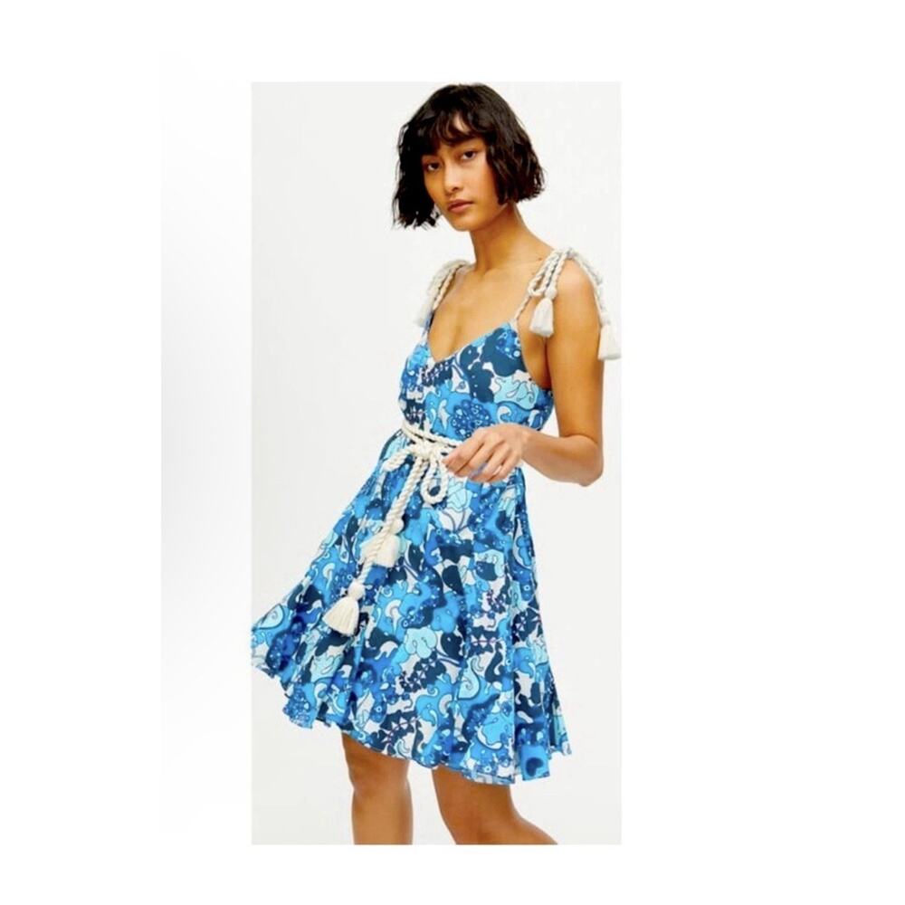 RHODE Casey Woodstock Floral Blue 70s Dress Braided Belt Pleated Flared Skirt XS